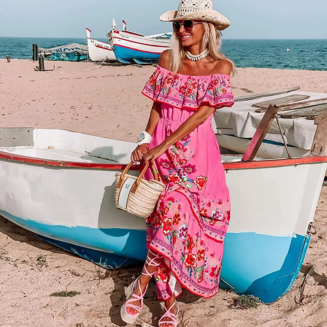 2024 Spring/Summer New Women Retro Fashion One Shoulder Red Flower Printed Waist Collection Long Style Large Swing Casual Dress