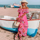2024 Spring/Summer New Women Retro Fashion One Shoulder Red Flower Printed Waist Collection Long Style Large Swing Casual Dress
