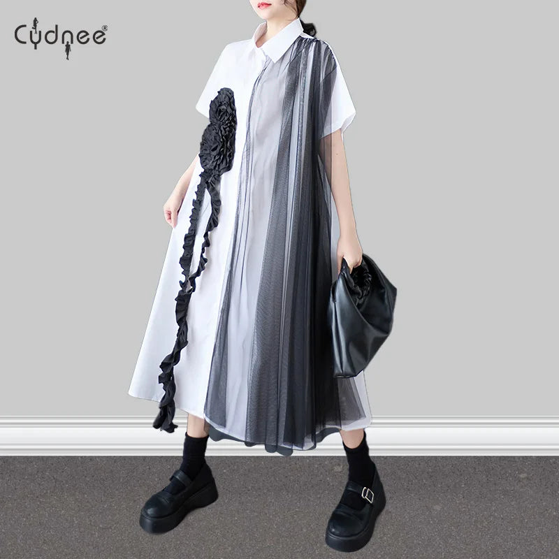 Short Sleeve V Neck Asymmetrical Smock Midi Dress