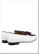 Men's Loafers in Classic Handmade Leather Tassels, Ivory Color Canvas Mix Ethnic Style Cotton