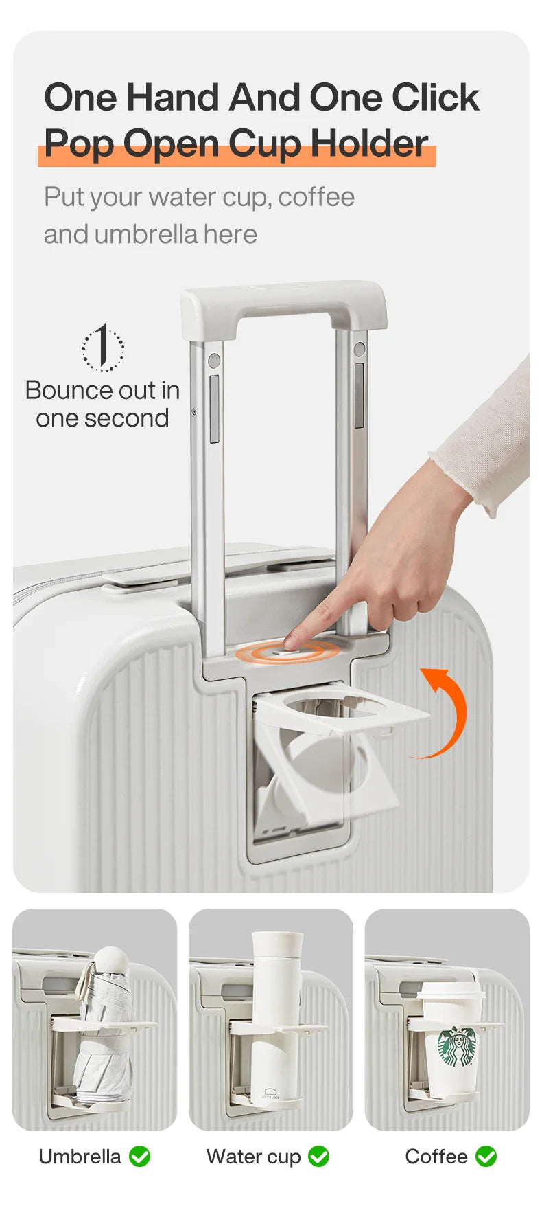 Carry On Luggage with Cup Phone Holder