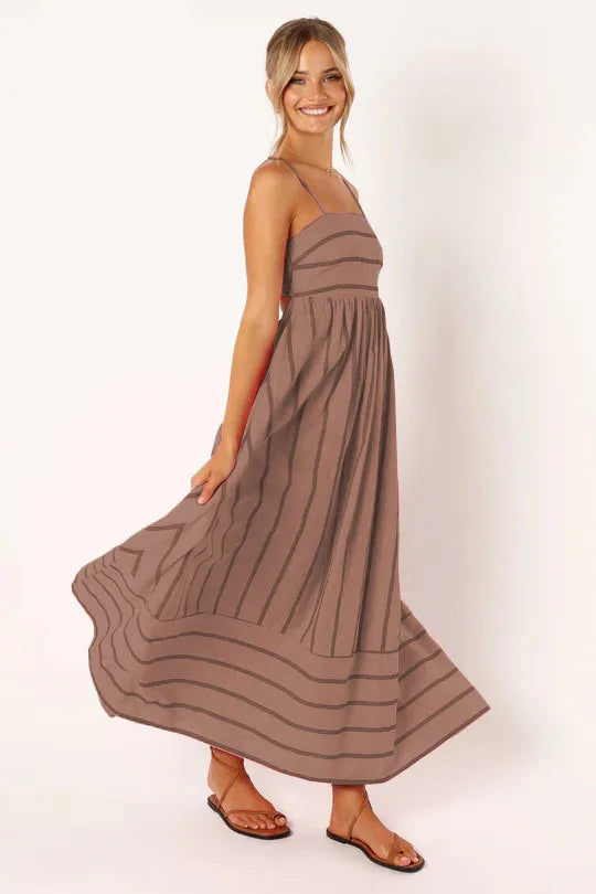 Spring And Summer Striped Vest Backless Large Swing New Dress For Women, Collarless And Sleeveless Oversized Swing Dress