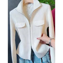 Spring Autumn Women Knitted Sweater Cardigan Short Jacket 2025 New Korean Fashion Zipper Solid Turn-Down Knit Coat Female Tops