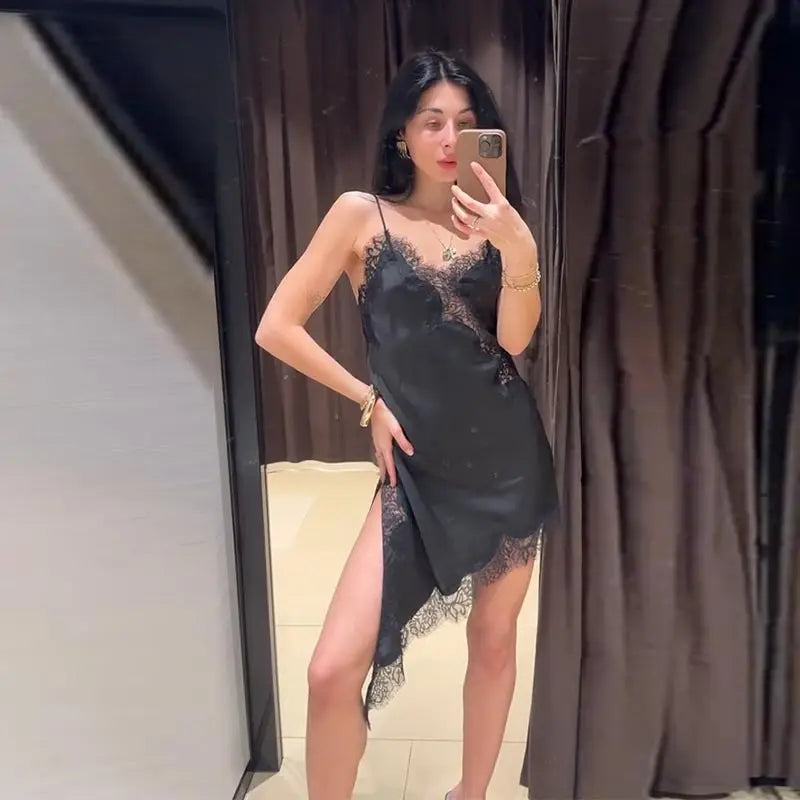 Sexy Sling Dress Women V Neck Hollow Out Backless Patchwork Lace