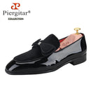 Piergitar Black Patent Leather Patchwork Velvet Men's Loafers Handmade Bow Tie Moccasins British Classic Style Smoking Slippers