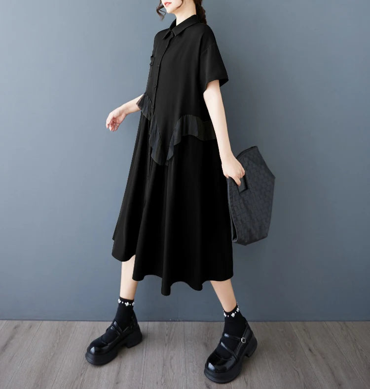 Mesh Ruffles Joined New 2025 Summer Woman Short-Sleeve Green Shirt Dress Loose Fit Tide Big Size Girls Casual Large Robe JKXD026