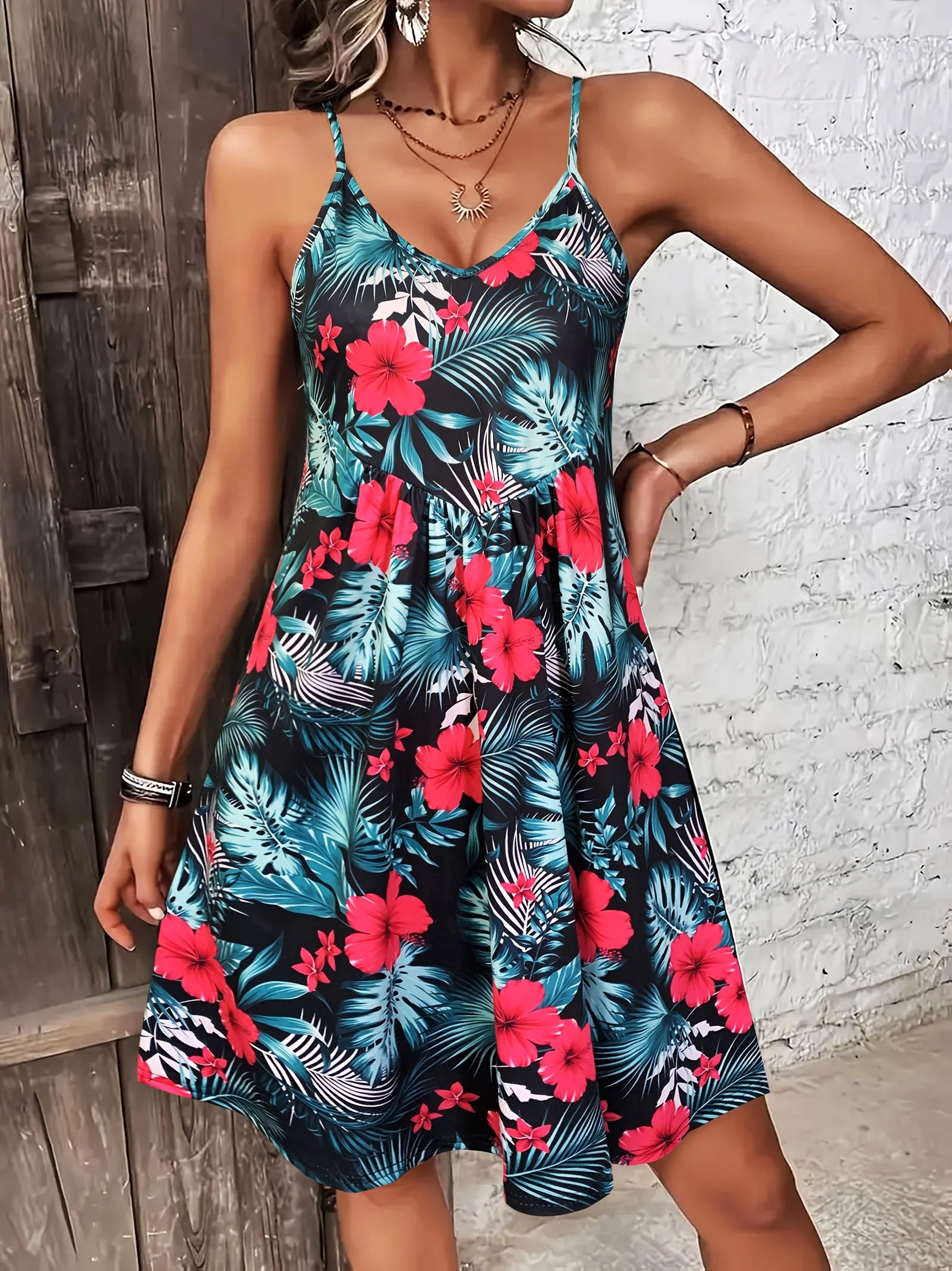 V-neck Spaghetti Strap Print Dress
