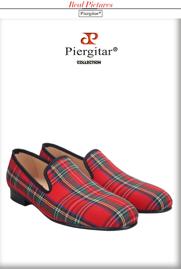 Piergitar 2023 New Red And Green Classic Scottish Plaid Men's Loafers For Party Handmade Slip-On Moccasins Leather Insole