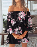 Sexy Slash Neck Long Flare Sleeve Floral Print Mini Dress Summer Women Boho Party Vestidos NMD-6650