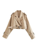 Women Fashion Belt Cropped Trench Spring Jacket