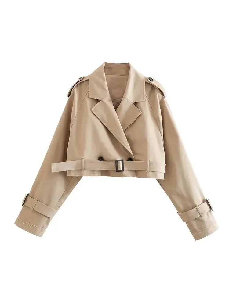 Women Fashion Belt Cropped Trench Spring Jacket