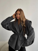 Trendy Lace-up Waist Cinching Blazer Woman Casual V-neck Solid Office Outerwear 2025 Autumn New Commute Long Sleeve Short Coats