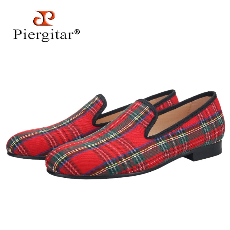 Piergitar 2023 New Red And Green Classic Scottish Plaid Men's Loafers For Party Handmade Slip-On Moccasins Leather Insole