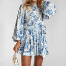 Elegant Fashion Long Sleeve Printed Dress Independent Station New Women's Clothing Line Tie Waist Chinese Style Print Dress