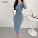 ZANZEA Summer Fashion Womens Dress Sexy Solid Color Knee Length Bodycon Sundress Elegant 3/4 Sleeve V-Neck Work OL Vestidos 2025