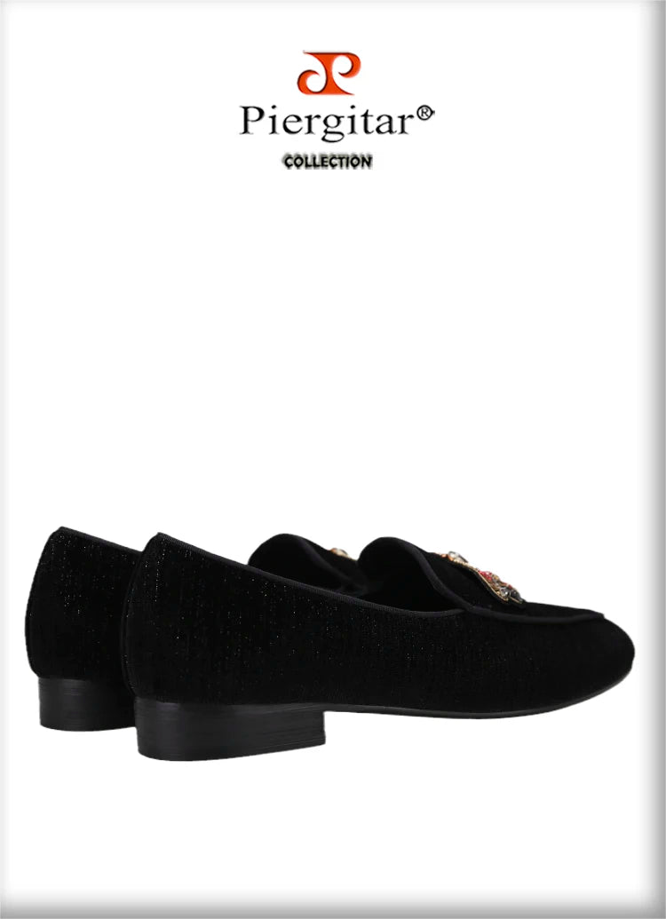 Piergitar 2022 Handmade Rhinestone Sequin Dragonfly Embroidered Patch Men's Loafers British Style Retro Moccasins Slip-On Shoes