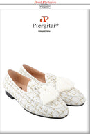Piergitar 2025 White And Black Colors Tweed Men's Loafers With Handmade Tassels British Classic Style Slip-On Smoking Slippers