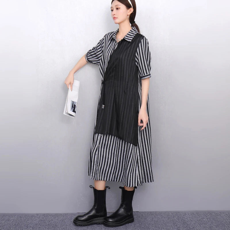 New Korean Style Hit Color Woman Summer Woman Short-Sleeve Striped Shirt Dress Loose Fit Chic Casual Large Dress Robe JKXD035