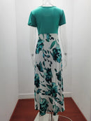 2023 European and American style floral print color matching long sleeved dress, long women's large swing skirt