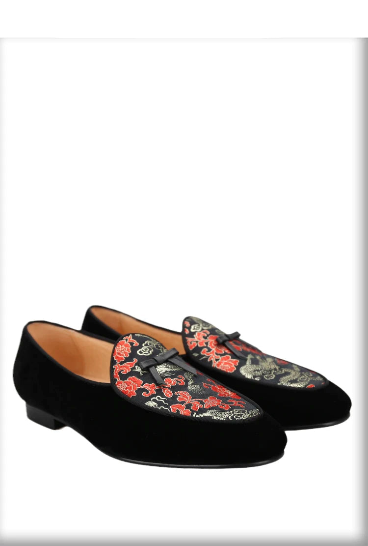 New Black Velvet Thread Dragon Print Satin Belgian Loafers for Men with Leather Tie Handcrafted Moccasin