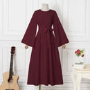 Long-sleeved Muslims Dubai Abayas Fashion O-neck Dress for Women Spring Solid Color Casual Robe Female Islam Clothes with Belt