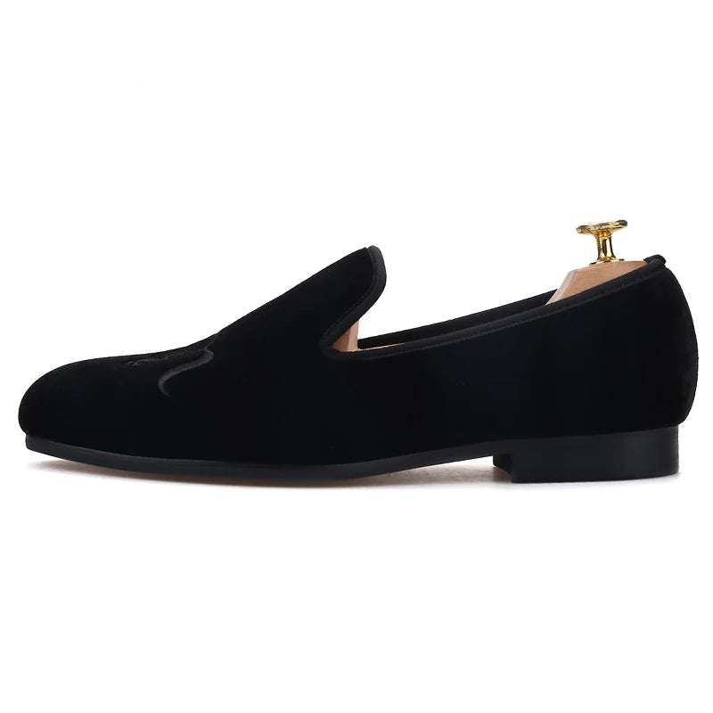 Piergitar High Level Customization Black Velvet Men's Loafers For Party Handmade Horse Embroidery Slip-On Man Smoking Slippers