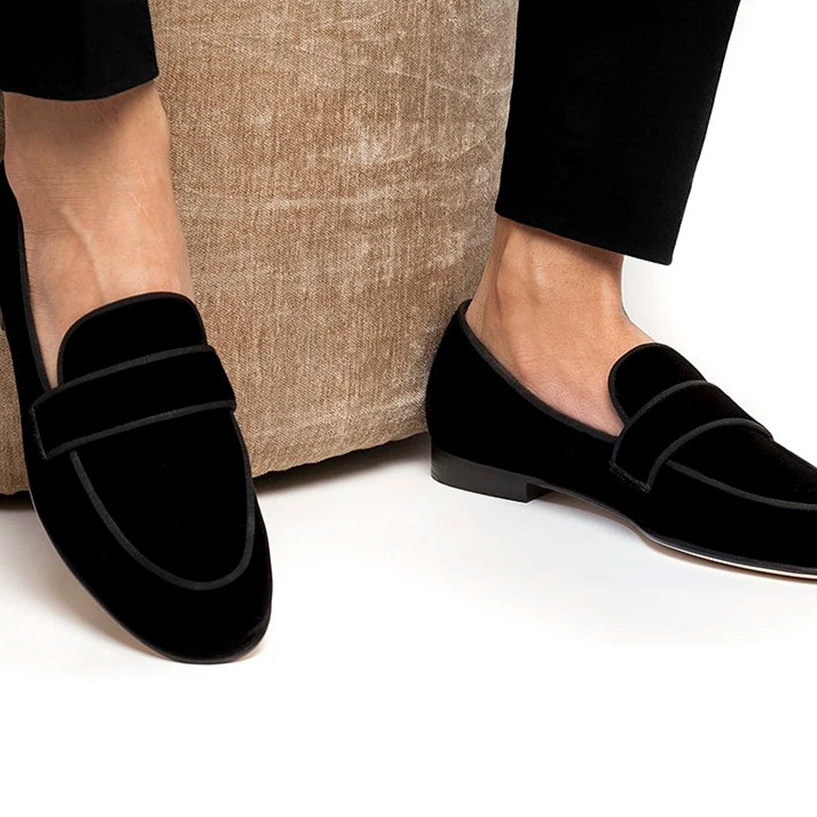 Customized Black Velvet Slip-On Shoes for Men, Fashion Party and Wedding Slippers with Leather Insole