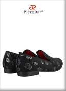 Piergitar New Style Black Horsehair Sliver Skull Embossed Men Shoes For Party Slip-On Loafers Smoking Slipper Men Flat Plus Size