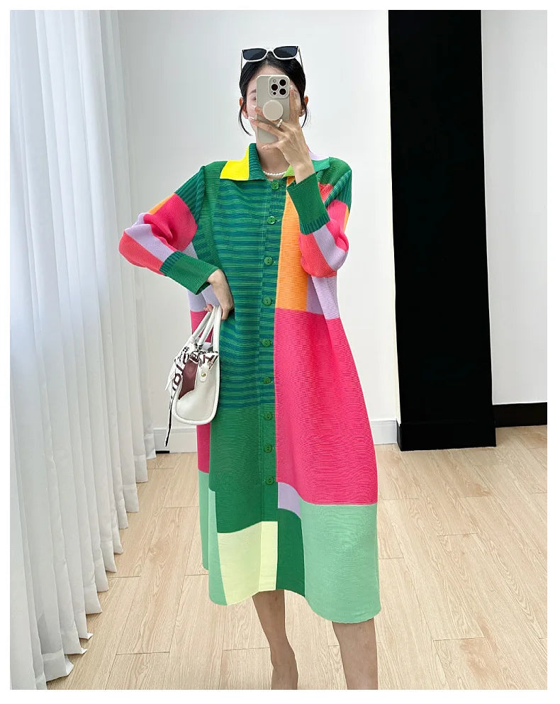Miyake Women's Color Matching Dress, Autumn and Winter New Fashion Print Pleats, Medium Length, Loose Length Skirt
