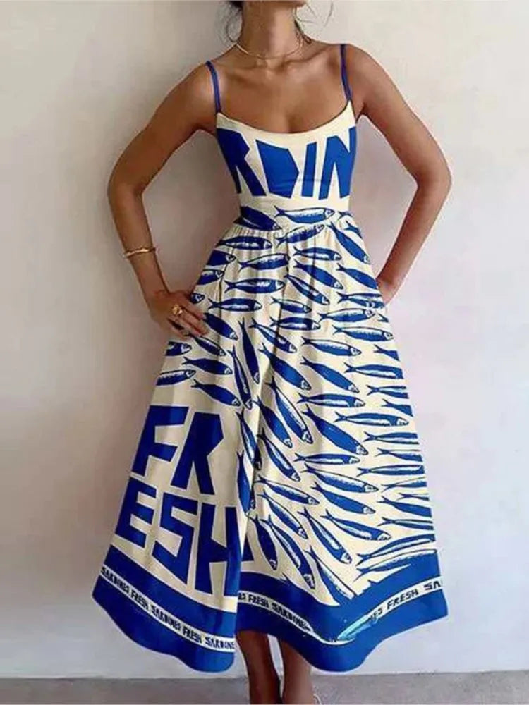 Women's Party Dresses with Sleeveless Low Cut A-line Dresses and Spaghetti Straps in Trendy Prints