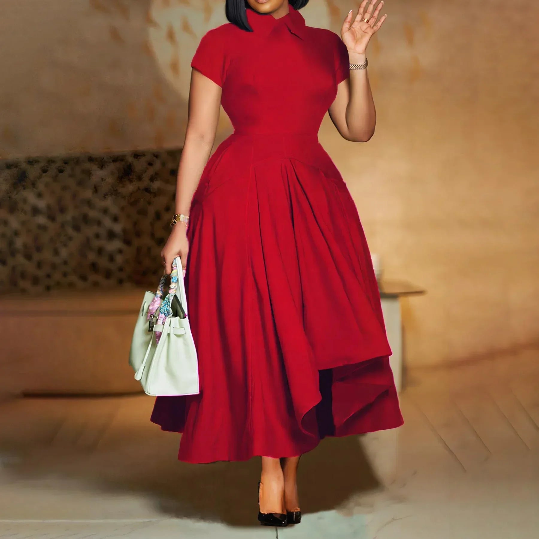 Women's Pleated Short Sleeves length Gown