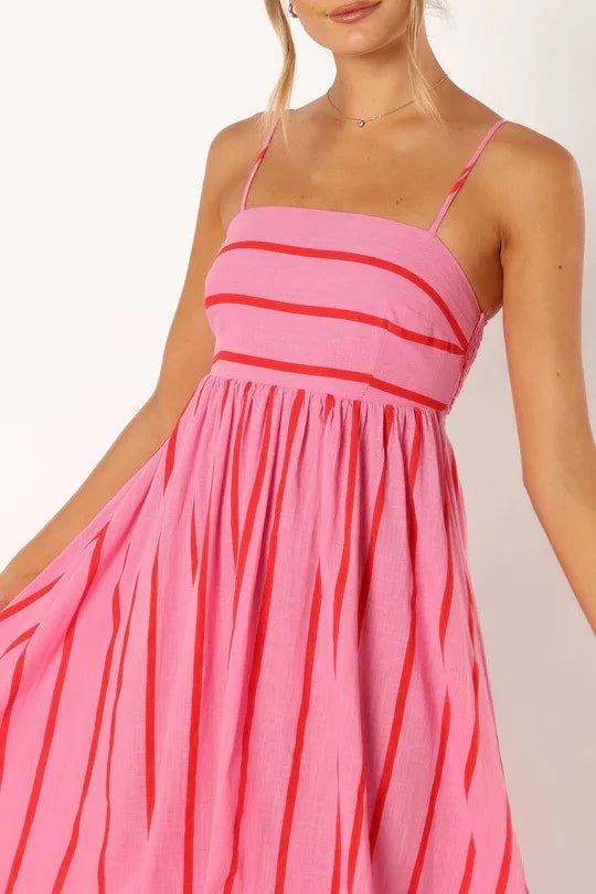Spring And Summer Striped Vest Backless Large Swing New Dress For Women, Collarless And Sleeveless Oversized Swing Dress