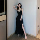 Black Sexy Dress Female High Waist Side Vent Maxi Dress Casual Sleeveless Backless V-Neck Retro Long Dress Sling