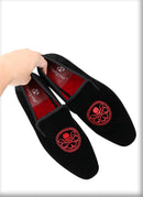 New Style Black Velvet Moccasins Embroidered Skull Design Slip-On Smoking Shoes for Men