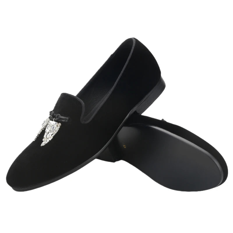Black Velvet Men's Loafers with Clear Crystal Tassels, Handmade Man Moccasins for Party and Banquet Plus Size
