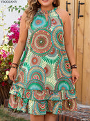 Women's Plus Size Sleeveless Ruffle Print Dress