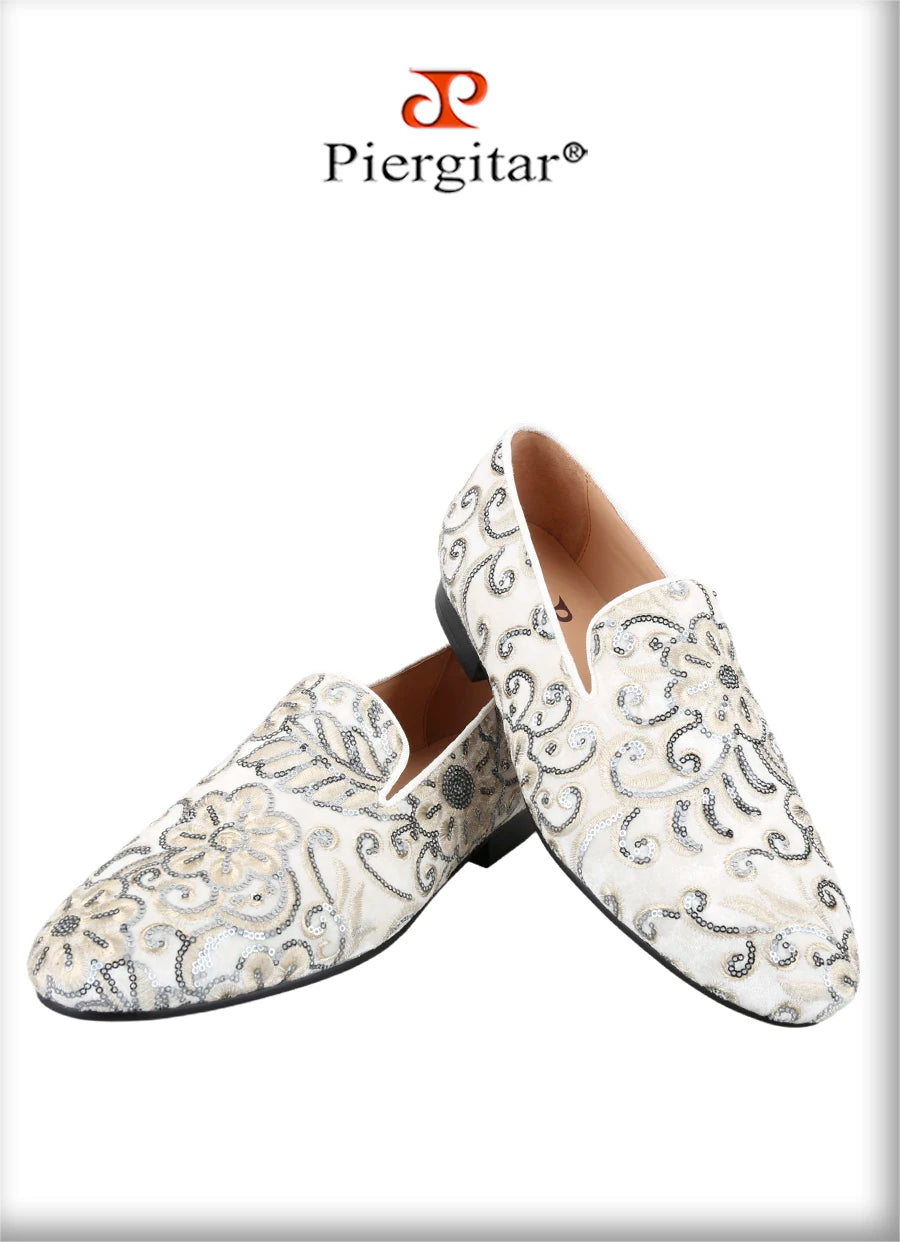 Piergitar Handmade Paisley Pattern Bling Men Velvet Shoes For Party And Wedding Superglamourous Brand Same Model Slip-On Loafers
