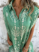 2025 New Women's Shirt Dress Loose Button Cardigan Fashion Printed Short Sleeve Pocket Cotton Linen Blend Vacation Beach Skirt