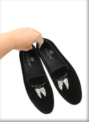 Black Velvet Men's Loafers with Clear Crystal Tassels, Handmade Man Moccasins for Party and Banquet Plus Size