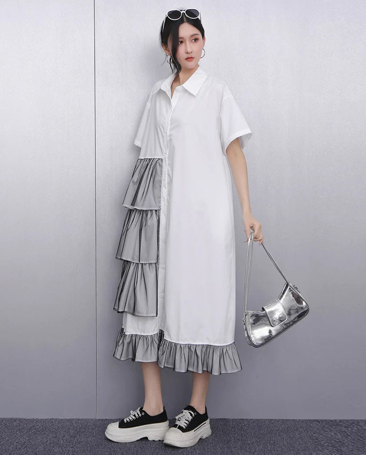 Ruffle Decoration New 2025 Summer Korean Style Woman Black Shirt Dress Loose Fit Chic Big Size Casual Holiday Dress Robe JKXD002