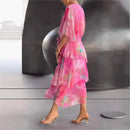 2025 Summer New Elegant Women's Chiffon Dress Fashionable Printed V-neck Short-sleeved Layered Ruffle Loose Lace-up Long Skirt