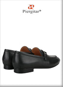 Piergitar Black Napa Calfskin Men Loafers Luxury Brand Same Style Customized Metal Buckles With Letter "H" Formal Leather Shoes