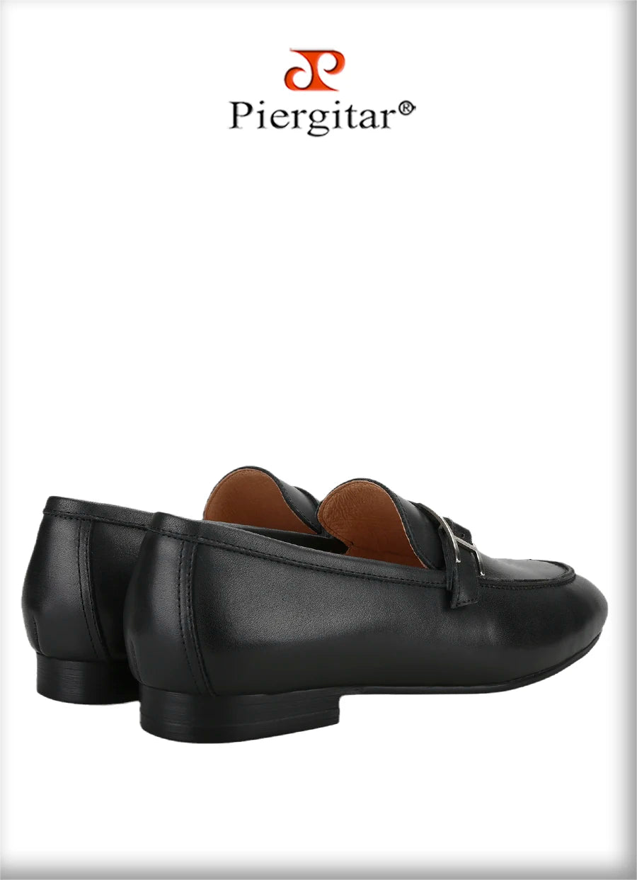 Piergitar Black Napa Calfskin Men Loafers Luxury Brand Same Style Customized Metal Buckles With Letter "H" Formal Leather Shoes