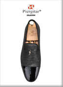 Piergitar 2023 New Three Colors Striped Silk Men's Loafers With Front Patent Leather Handmade Moccasins For Party And Banquet