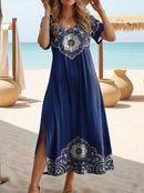 Elegant Summer Plus Size V-Neck Butterfly Print Dress - Split Hem Short Sleeve Women's Fashion