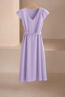 2024 Spring Summer Women's V-Neck Midi Dress Soft Stretch Office Casual Chic Solid Color No Belt Included