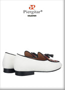 Piergitar Brand 2023 White Cotton Canvas Of Paisley Pattern Men's Loafers Fashion Party Handmade Leahter Tassel Shoes Plus Size