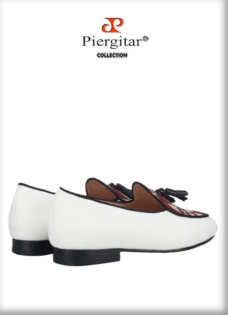 Piergitar Brand 2023 White Cotton Canvas Of Paisley Pattern Men's Loafers Fashion Party Handmade Leahter Tassel Shoes Plus Size