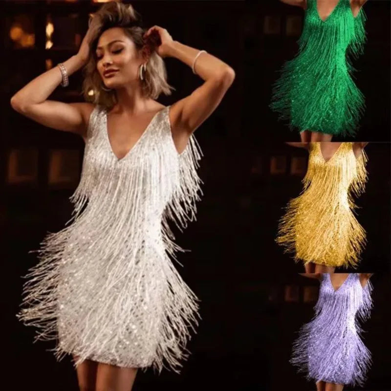Women's V-neck Deep Sleeveless Pencil Dresses with Fringes