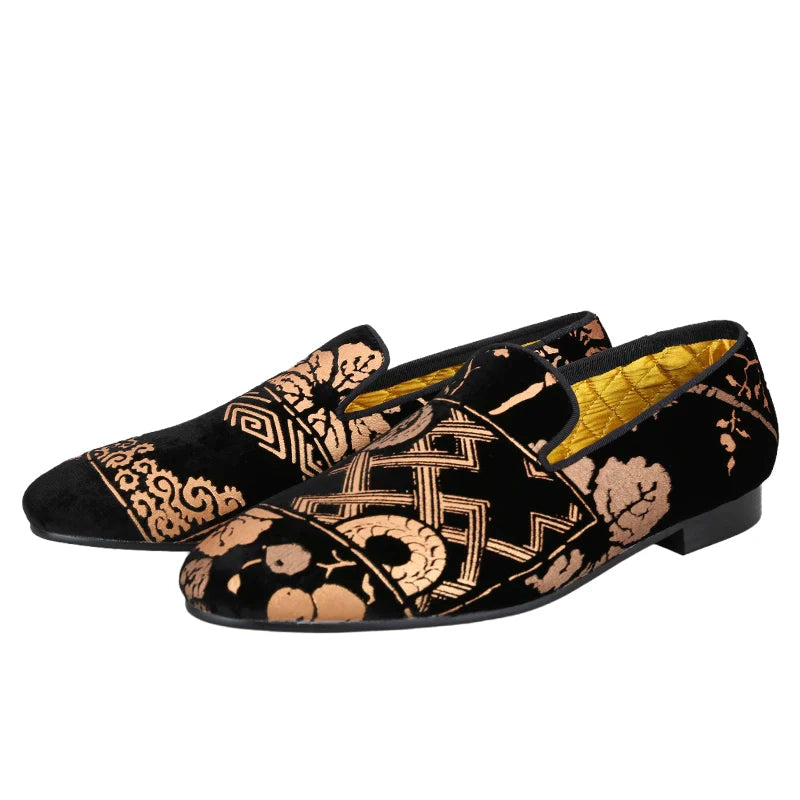 Customized Chinese style slip-on smoking shoes with gold totem print on black velvet.